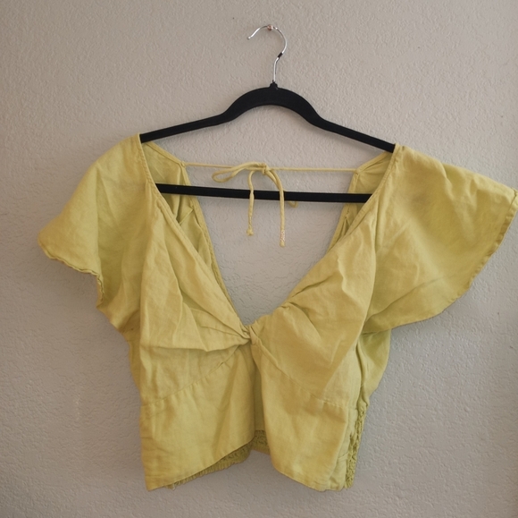 Anthropologie Linen Blend Twist Front Smocked Waist Deep V Plunge Neckline Crop - Picture 3 of 7